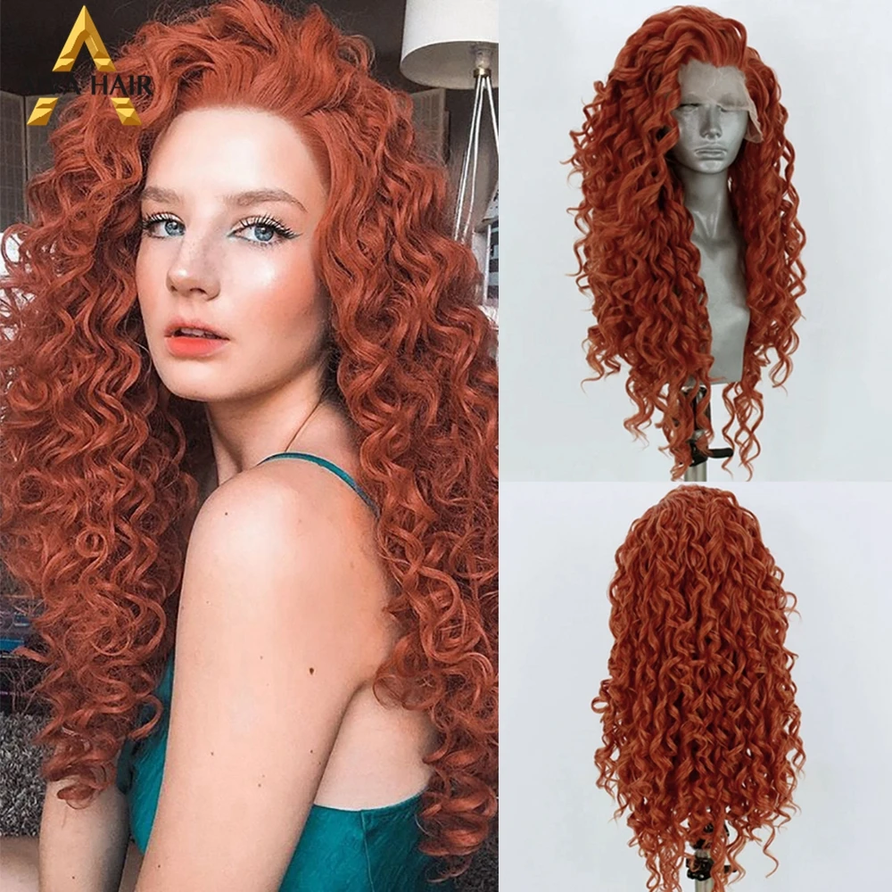 Aiva Hair Ginger Curly Wig Synthetic 13X4 Lace Front Wig Heat Resistant Ombre Pink Synthetic Drag Queen Cosplay Wigs For Women