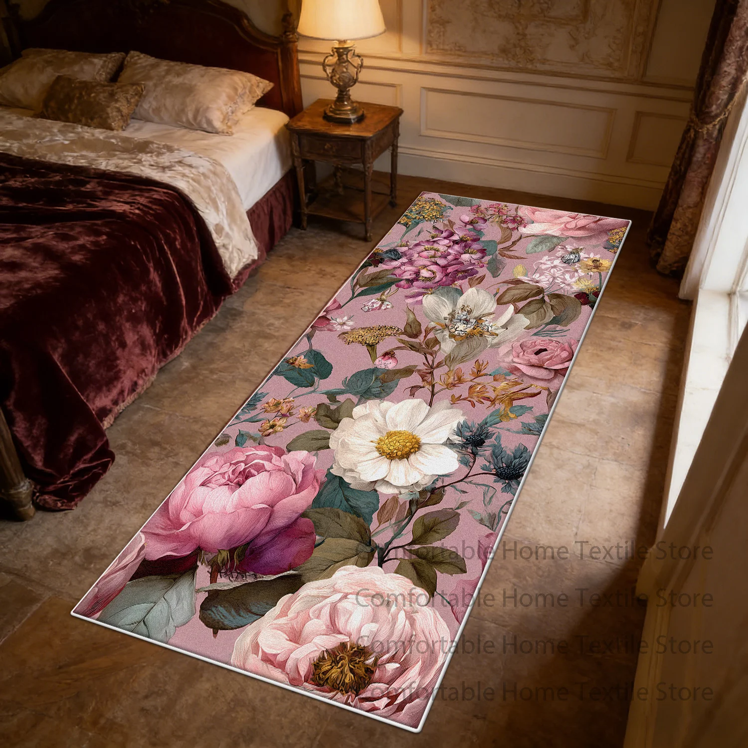 French Romantic Flower Style Antiskid Bedside Rug Decoration Terrace Luxury Fluffy Carpet Easy Clean Short Velvet Long Floor Mat