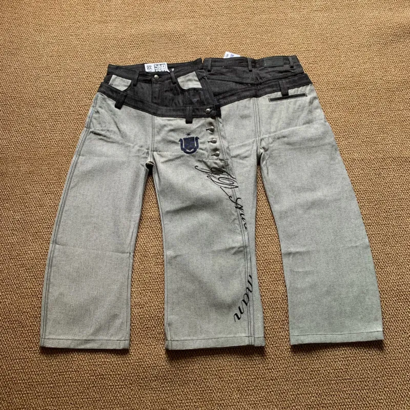 HKSH Heavy Color-Blocked Double-Waistband Deconstructed Raw Denim Pants Vintage Chic Ins Jeans Badge Embroidery Punk Fit HK27212