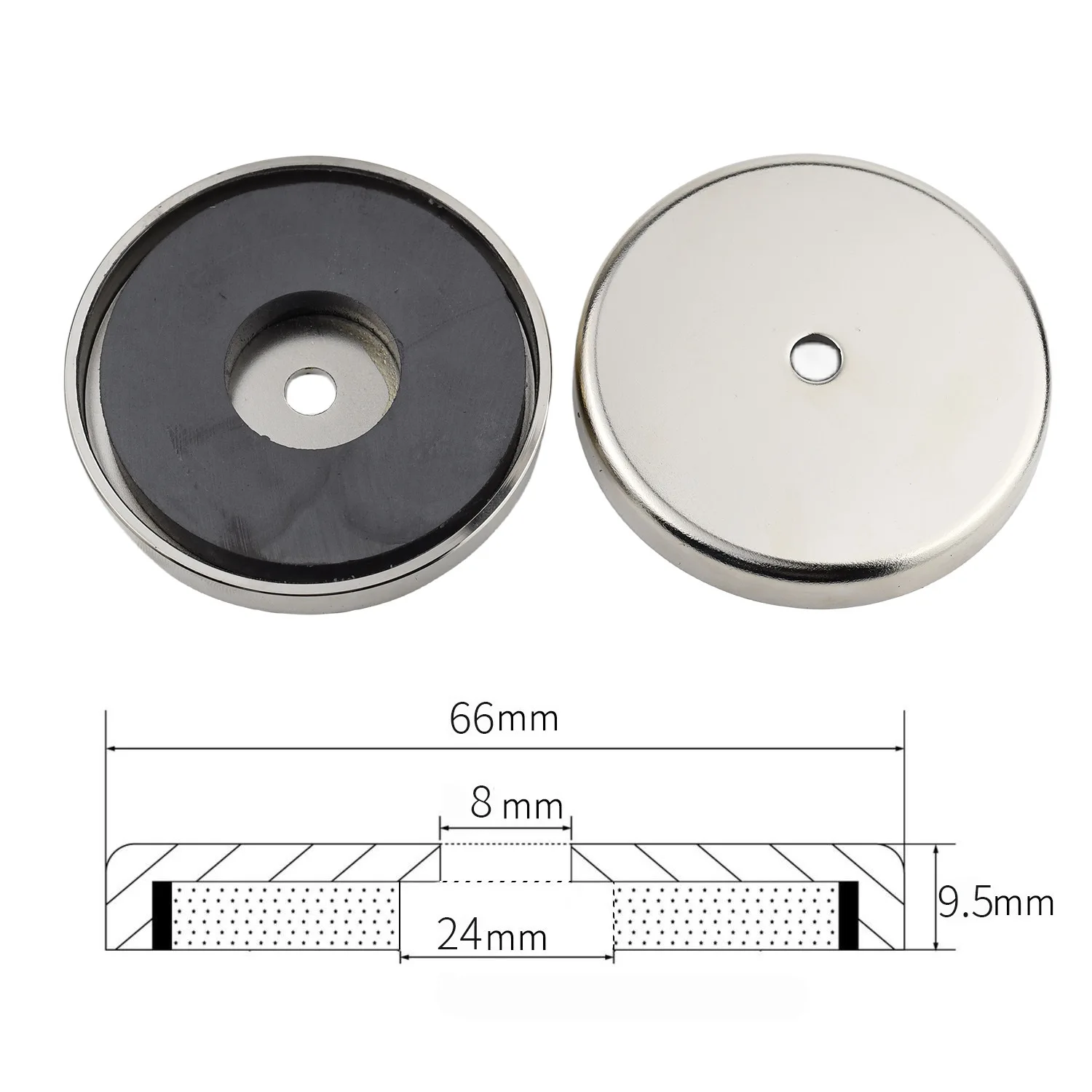 

RB66 C8 Ceramic Ferrite Round Base Magnet with Anti-Corrosion Chrome Plated Steel Cup and 80 LB Pull Force Cup Diameter: 66mm