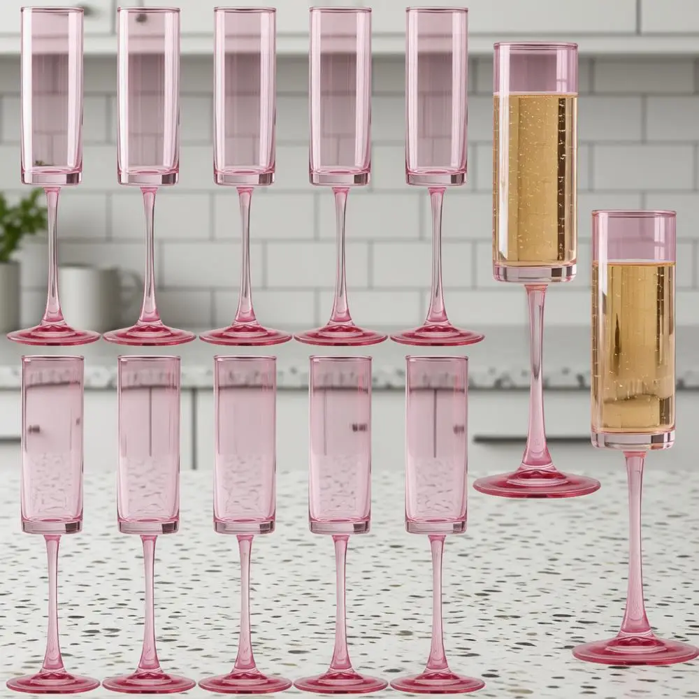

12 PCS Pink Crystal Champagne Lutes 6 OZ Wine Glass Long Stem Drinking Colored Glasses, Set of 12 Hand Blown Champagne Goblets f