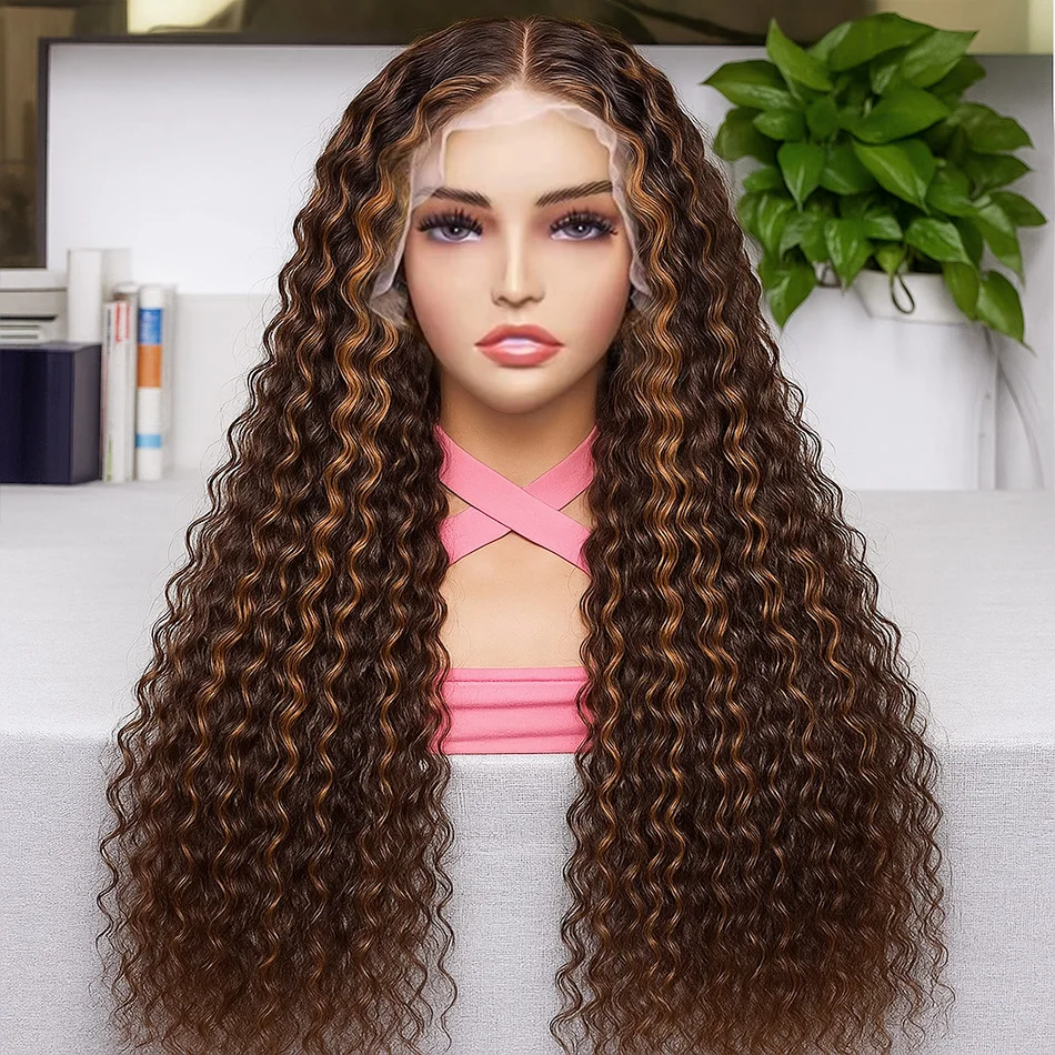 

Highlight 13x4 Hd Lace Frontal Wig Brazilian Human Hair Pre Plucked Deep Wave 30 Inch Ombre Brown Colored Curly Lace Front Wigs