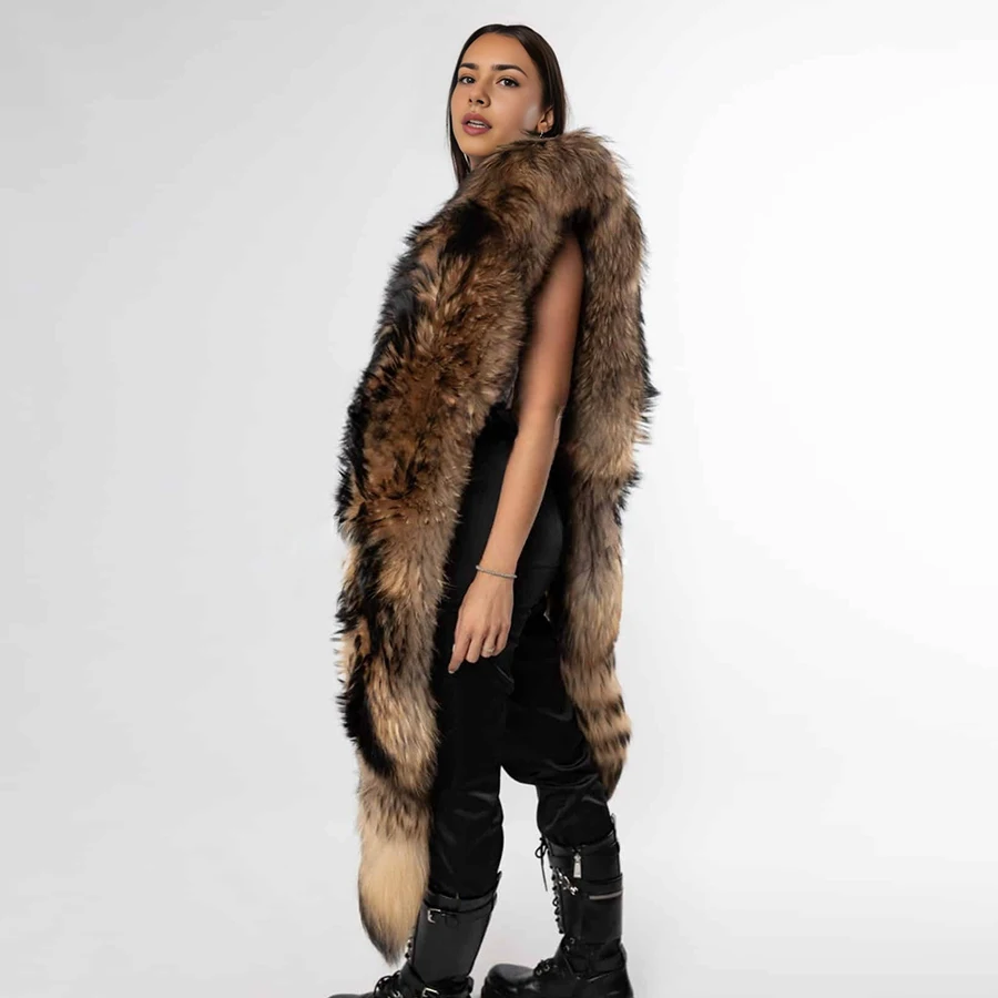 معاطف فرو الراكون الطبيعي شال فرو الراكون الأصلي للنساء كيب فرو حقيقي طويل مع ذيل إكسسوار فراء شتوي دافئ