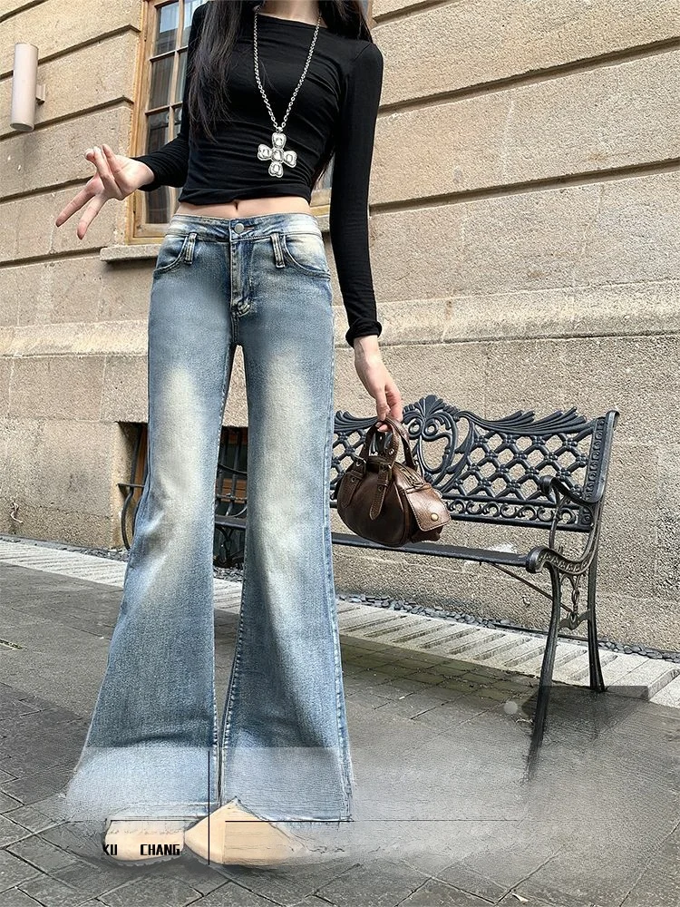 Retro American High Street Women's Jeans Bootcut Long Pants Autumn Winter New Sle Slimming Vintage Faded Draped Feeling