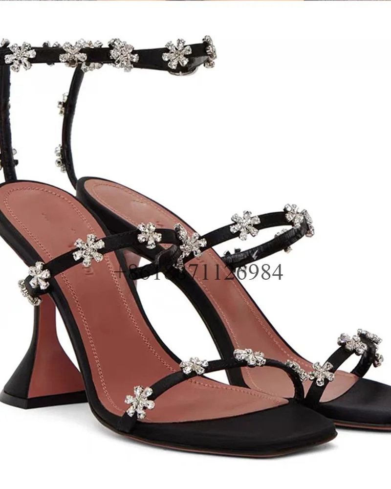 Ankle Strap Square Toe Summer Women Sandals With Plum Rhinestones Wine Glass High Heels Buckle Strap Design Large Size Shoes