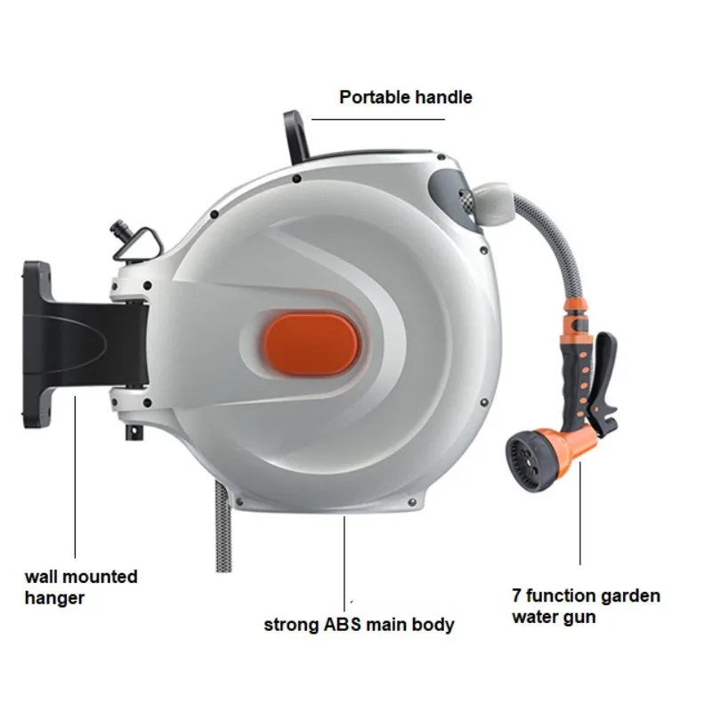 180°Swivel Bracket 20m 30m Wall Mounted Retractable Hose Pipe Reel Garden Hose Reel With Multi Function Water Gun