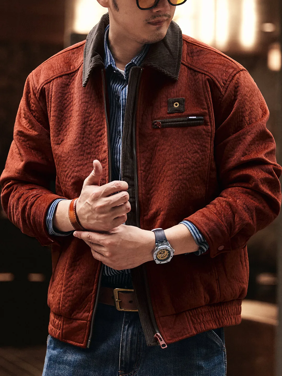 

American Retro Loose Men's Corduroy Jaet Autumn Winter New Sle Casual Workwear Top Zipper Closure ort Length Polyester