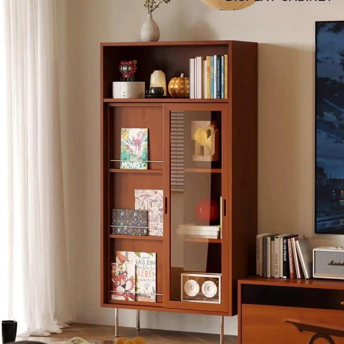 Vintage solid wood bookcase Japanese-style bookshelf display cabinet, floor-standing dustproof study magazine