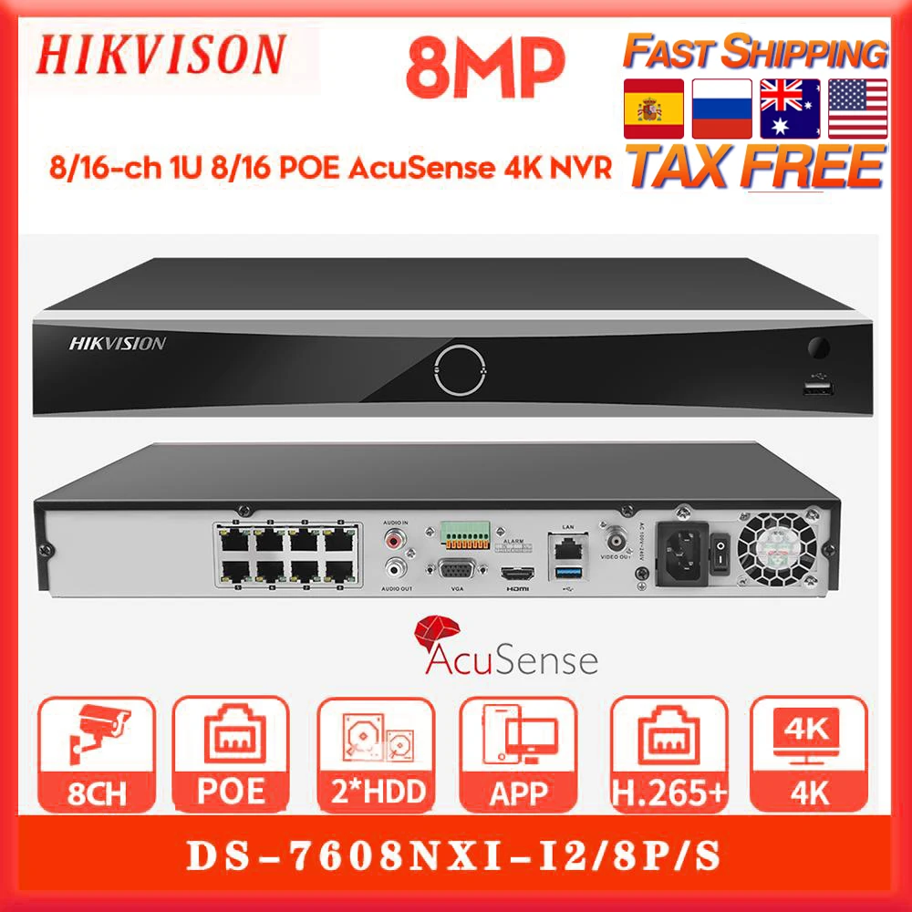 

Hikvision DS-7608NXI-I2/8P/S 4K POE NVR 8CH AcuSense Recorder Face Detect Surveillance Network Video