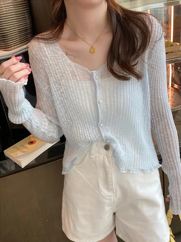 

Women's Ice Silk Knitted Short Thin Cardigan Summer Top UV Protection Casual Style V-Neck Long Sleeve Casual Fashion