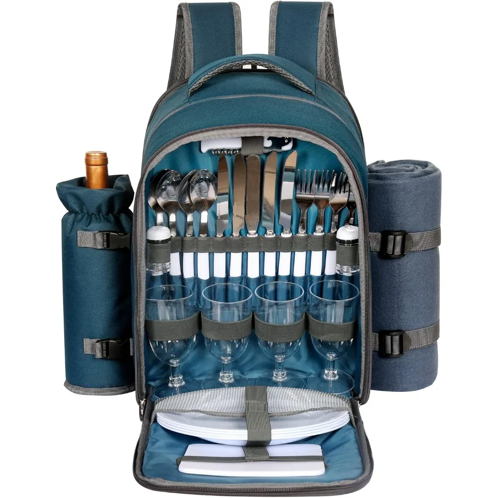 

Picnic Basket Backpack for 4 Person with Blanket, Wine Holder, Cooler Compartment, Cutlery Set