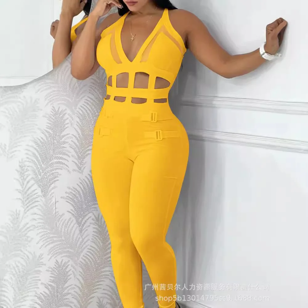 

2026 Summer New Fashion Women's Solid Color Casual Trendy Skinny Hollowed Out Sleeveless Hanging Neck Jumpsuits Female Clothes