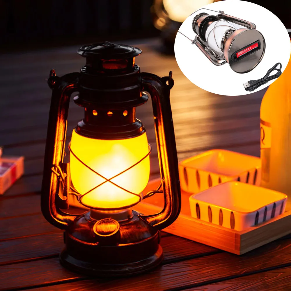 Vintage Camping Lantern LED Flame Light Battery Rechargeable USB Portable Hanger Fishing Lamp Dimming For Outdoor Garden Tent