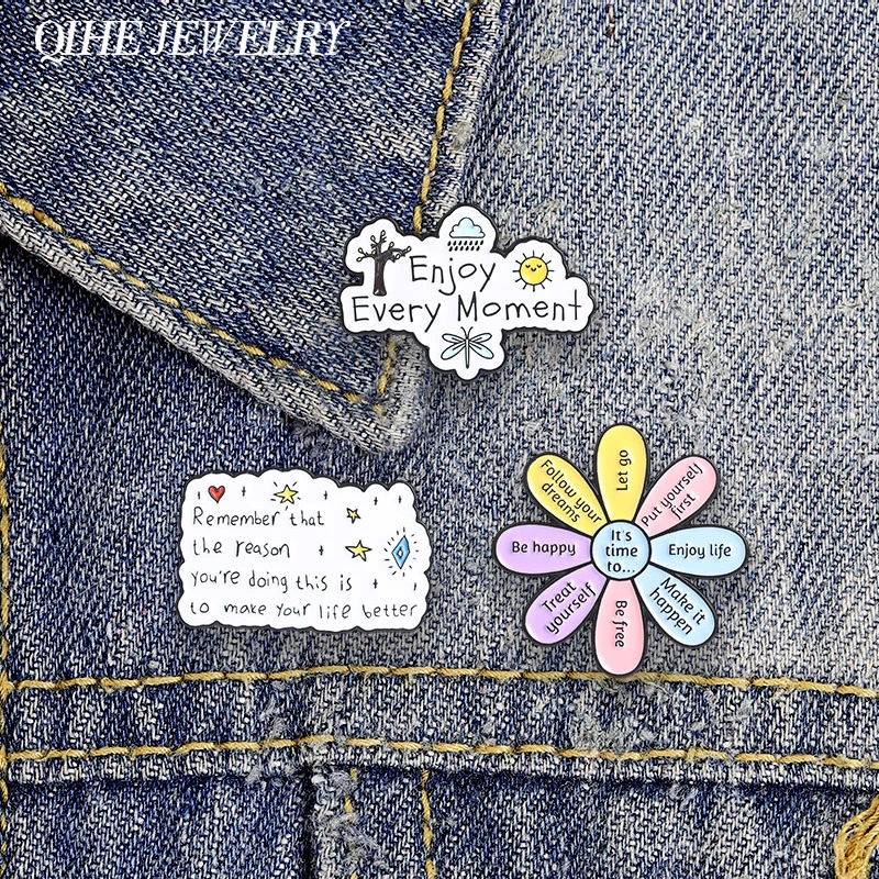 It's Time Follow Your Dreams Inspirational Flower Enamel Pin Motivational Proverb Enjoy Every Moment Brooch Lapel Badge Jewelry
