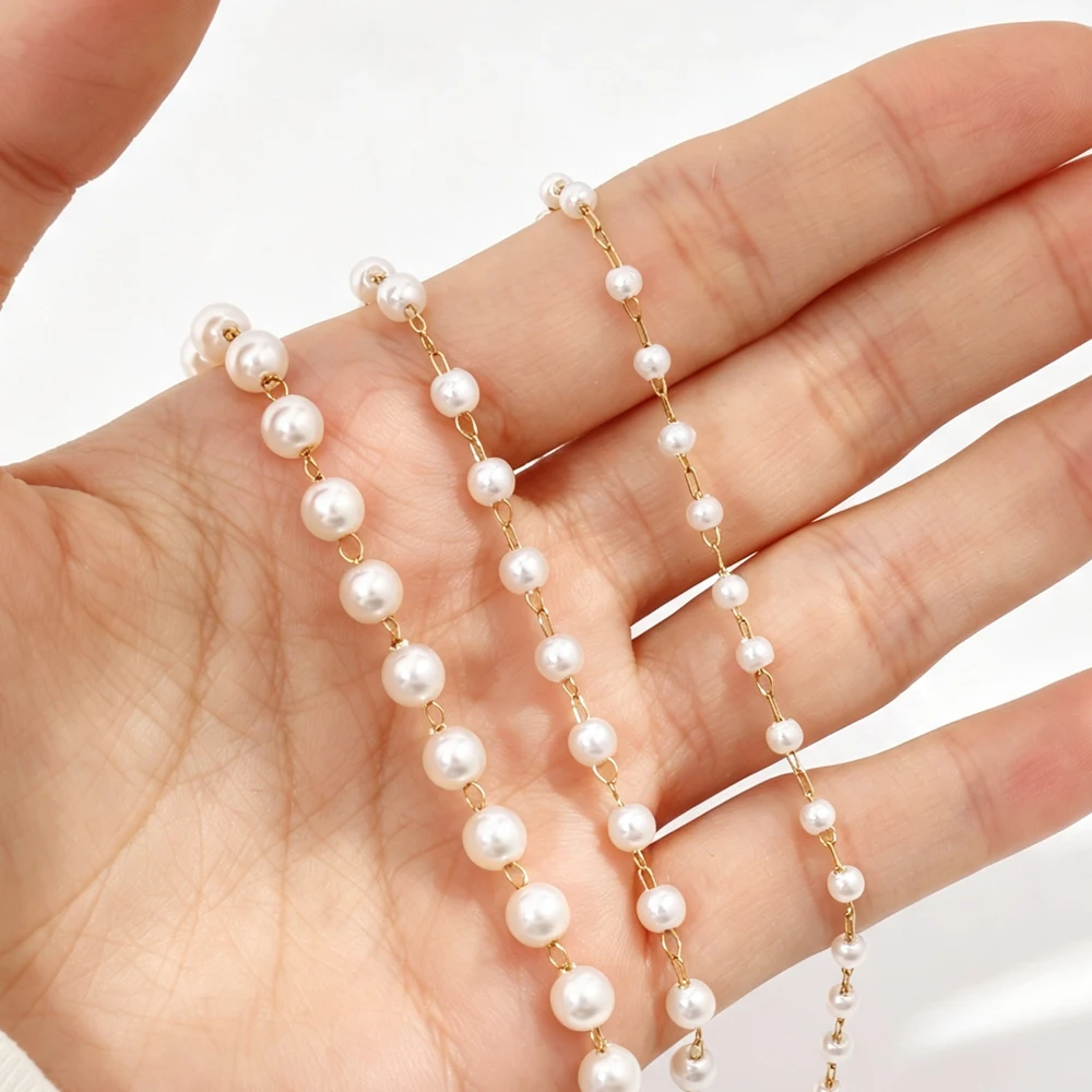 100cm Stainless Steel Imitation Pearl Beaded Cable Chain Findings for Jewelry Making DIY Necklace Bracelet Accessories
