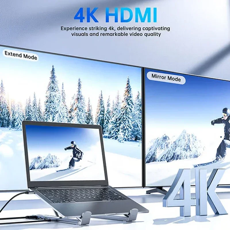 8-in-1 USB-C 노트북 스탠드 도킹 스테이션 포함 범용 USB C 도크 태블릿 스탠드 접이식 타입-C 허브 어댑터 플러그 앤 플레이