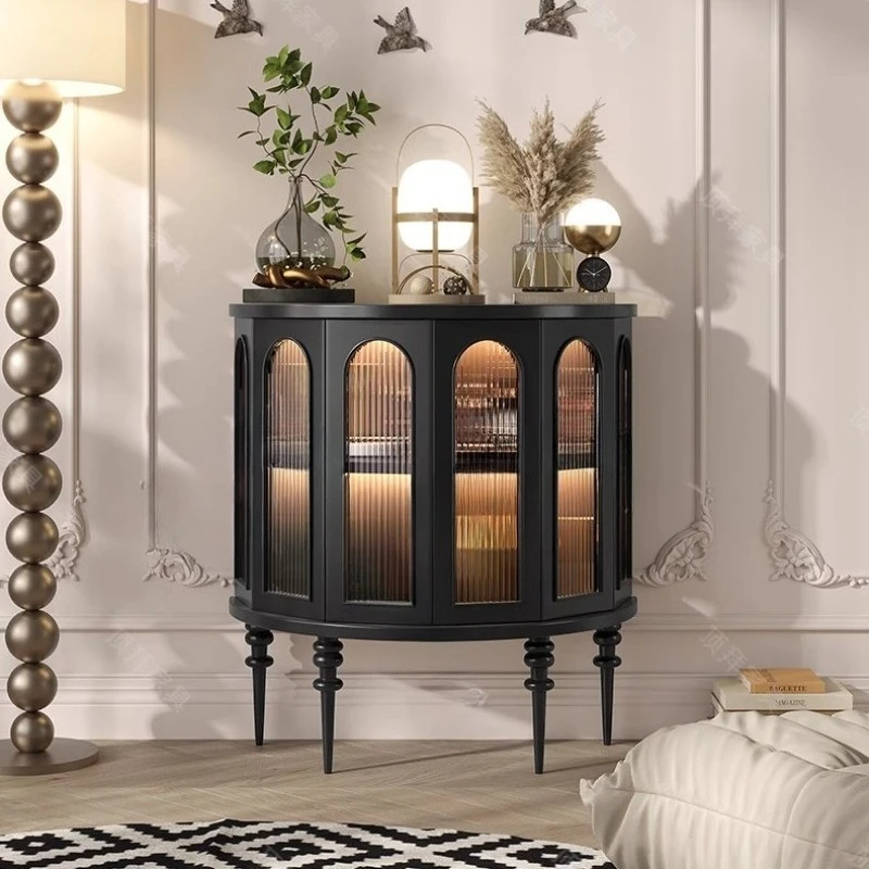 Французский ретро легкий роскошный шкафчик для украшения дома из цельного дерева с сенсорным светильником, художественный обеденный боковой шкаф