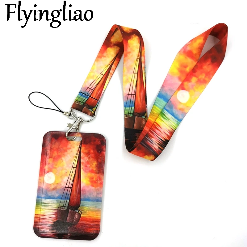 

Sailing Sun Sunset Lanyard Credit Card ID Holder Bag Student Women Travel Card Cover Badge Car Keychain Gifts Accessories