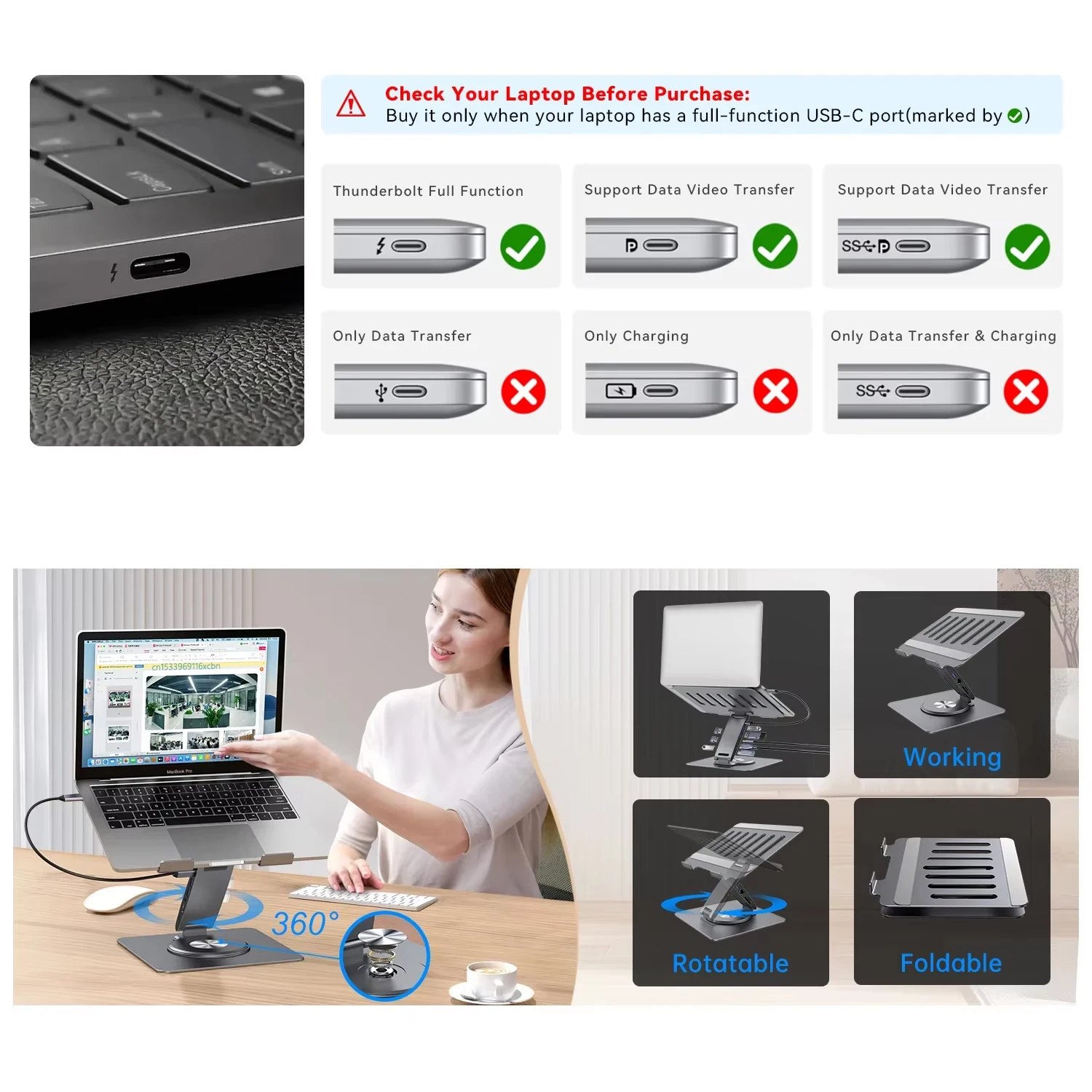 Laptop Stand for MacBook Pro Air Dell HP Surface 360° Rotatable Foldable with USB Hub 4K 60Hz Universal Laptop Bracket Holder