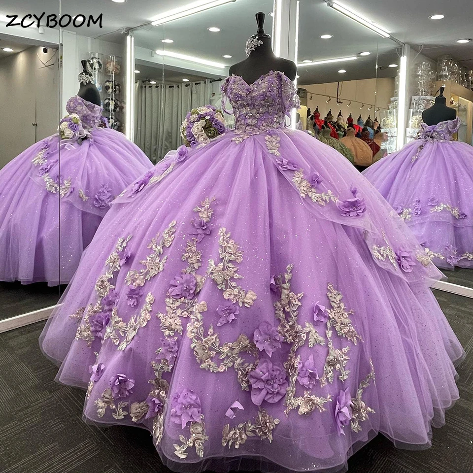 

Luxury Lilac Tulle Flower Appliques Quinceanera Dresses 2025 Sweetheart Off The Shoulder Sweet 16 Ball Gown Vestidos De 15 Años