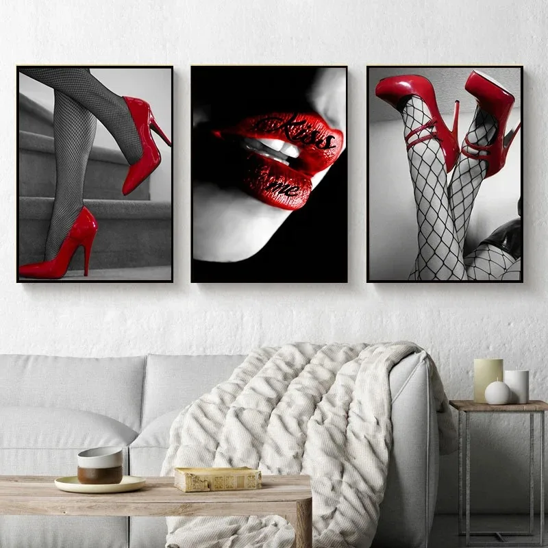 Sexy Red Lip Mesh Socks and High Heels Posters and Prints Modern Women's Painting Wall Art Pictures for Living Room Home Decor