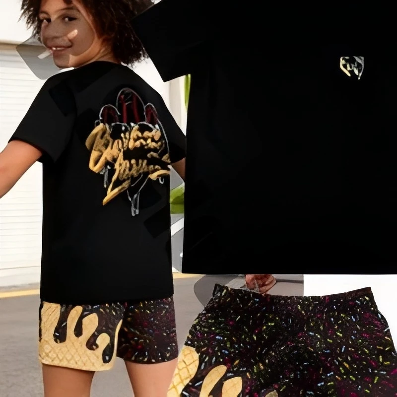 Boys Summer Casual 2 Piece Set-Graffiti Print Short Sleeve T - Shirt+Colorful Splatter Shorts,Streetwear Style, Comfortable  Out