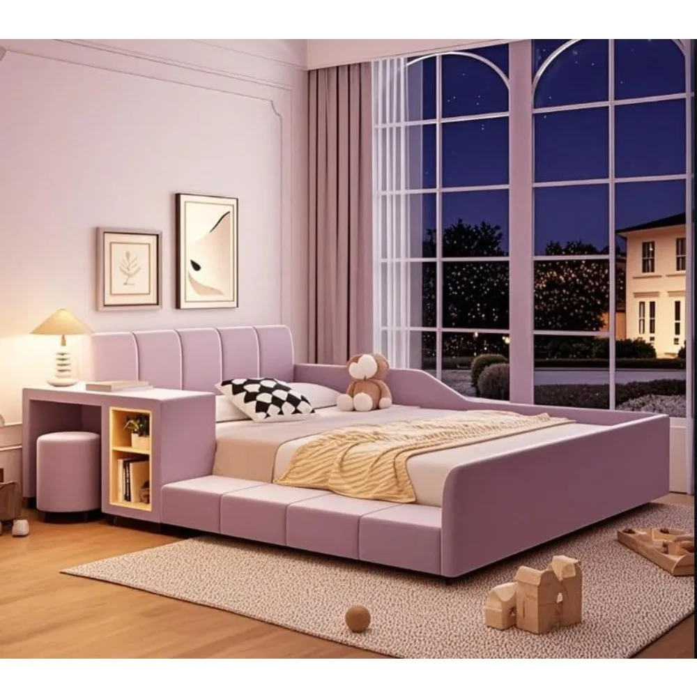 Cama moderna tapizada de tamaño completo con suelo, cama para madre e hijo, cama con plataforma tapizada de tela de terciopelo