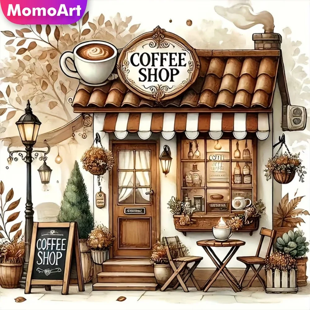 Momoart Vollquadratische und Runde Diamant-Malerei Kaffeehaus Neuerscheinung Diamant-Mosaik Haus-Landschaft DIY Stickerei Kinder-Hobby