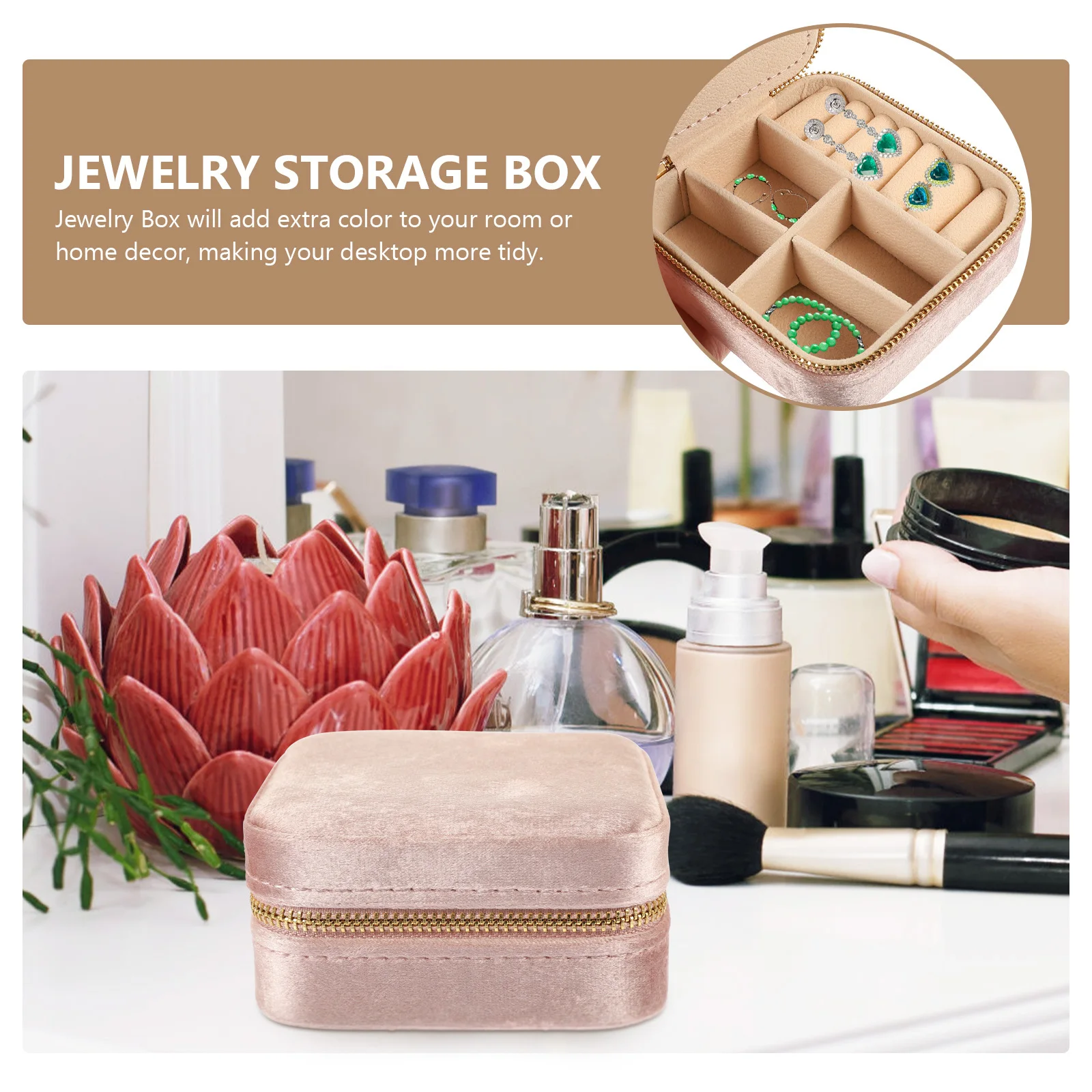 

Compartments Makeup Mirror Jewelry Box Travel Cases for Women Mini Suitcase Portable Pink Flannel Organiser