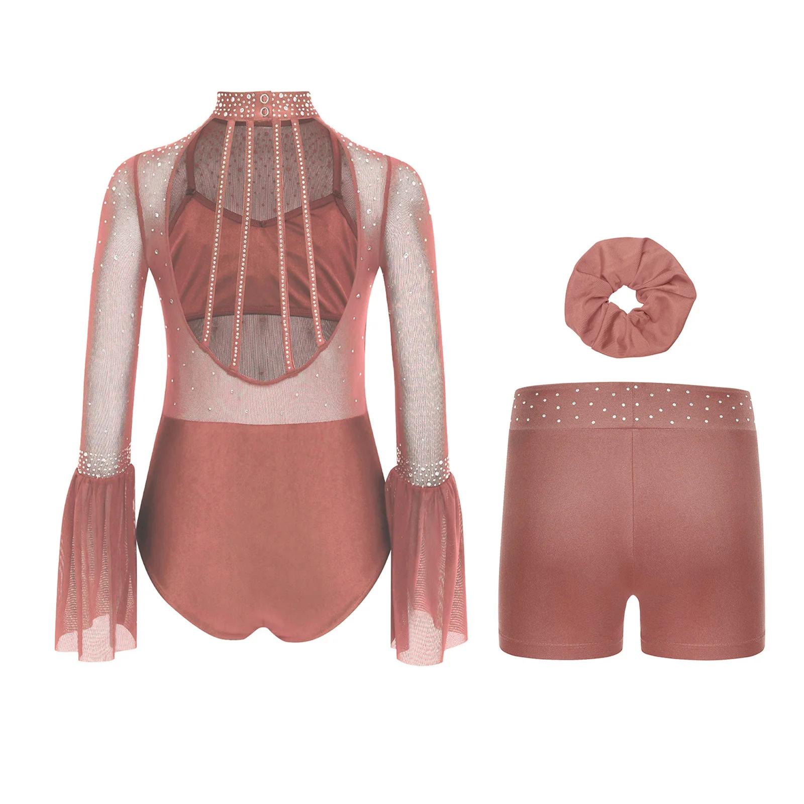 Kids Girls Ballet Gymnastics Sets Figure Skating Dance Outfit Flare Sleeve Backless Rhinestone Leotard with Shorts and Headwear