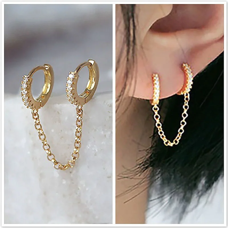 1PCS 2 Hole Piercing Earrings For Women Simple Elegant Ear Line Crystal Zircon Chain Earing Accessories Fine Jewelry KBE100