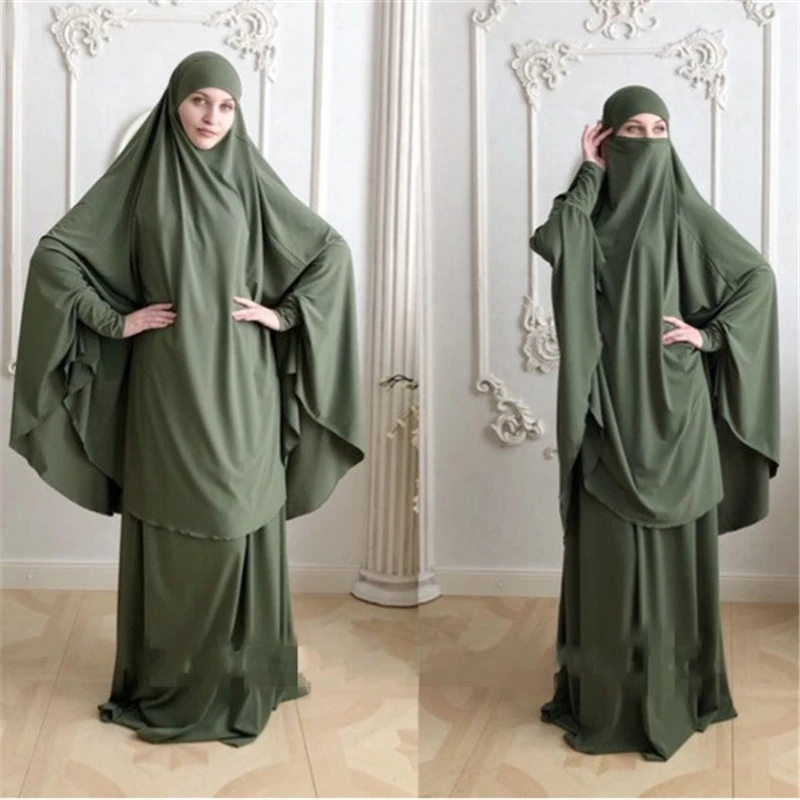 2PCS Middle East Prayer Clothes Traditional Abaya Muslim Islamic Maxi Hijab Khimar Burqa Dress Overhead Robe Worship Service Set