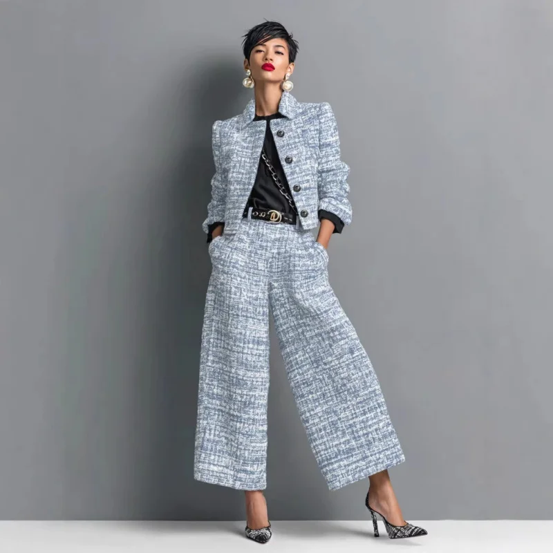 QICHE New 2026 Women European Matching Set Lapel Long‑Sleeve Cropped Jacket Slim‑Fit Wide‑Leg Pants Outfit view 4