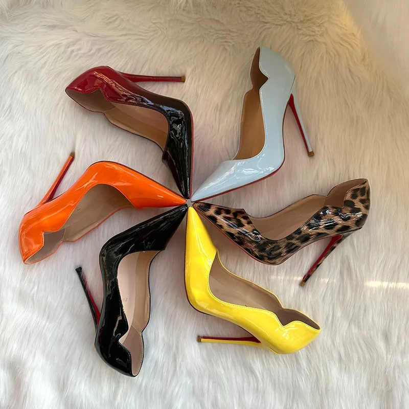 

Leopard print gradient patent leather wave lace V-neck commuting high heels, slim heels, pointed shallow mouth shoes