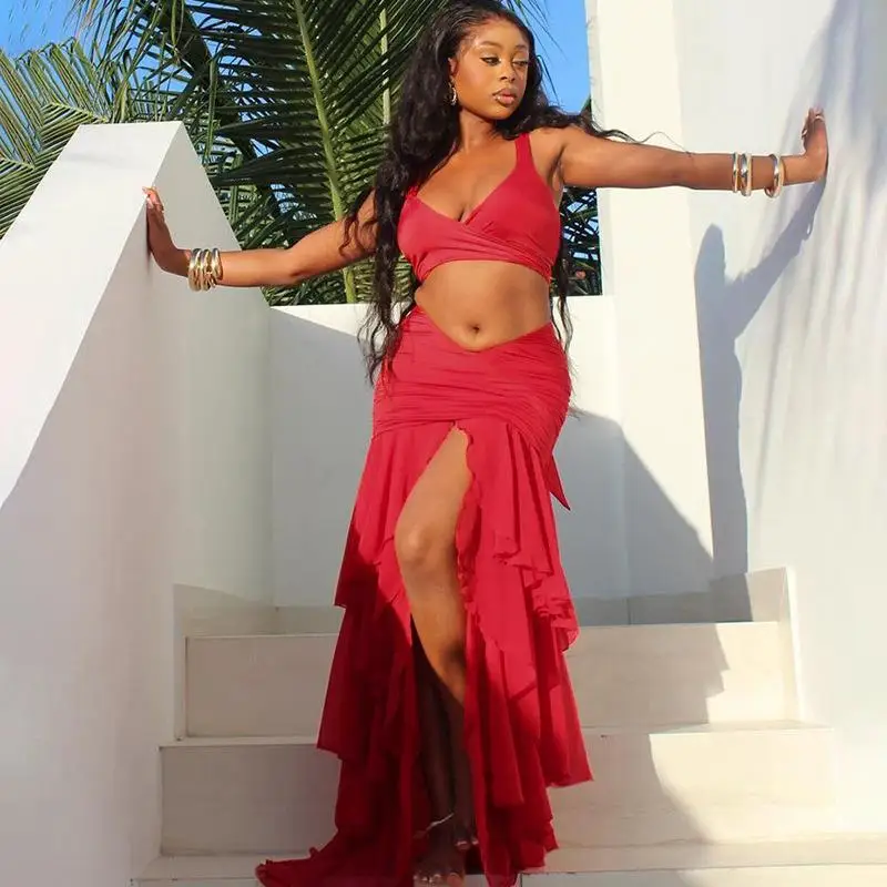 

Deep Chest Navel Wrapped Lotus Buttos Faion Set Women's Summer Outfit Svel Euro Sle Pure Color Two-Piece Suit