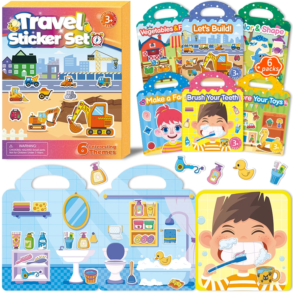 6PCS/Set Children Reusable Jelly Sticker Books Multi-scene Cartoon Sticker Toy Portable DIY Sticker Christmas Toy Gifts for Kids