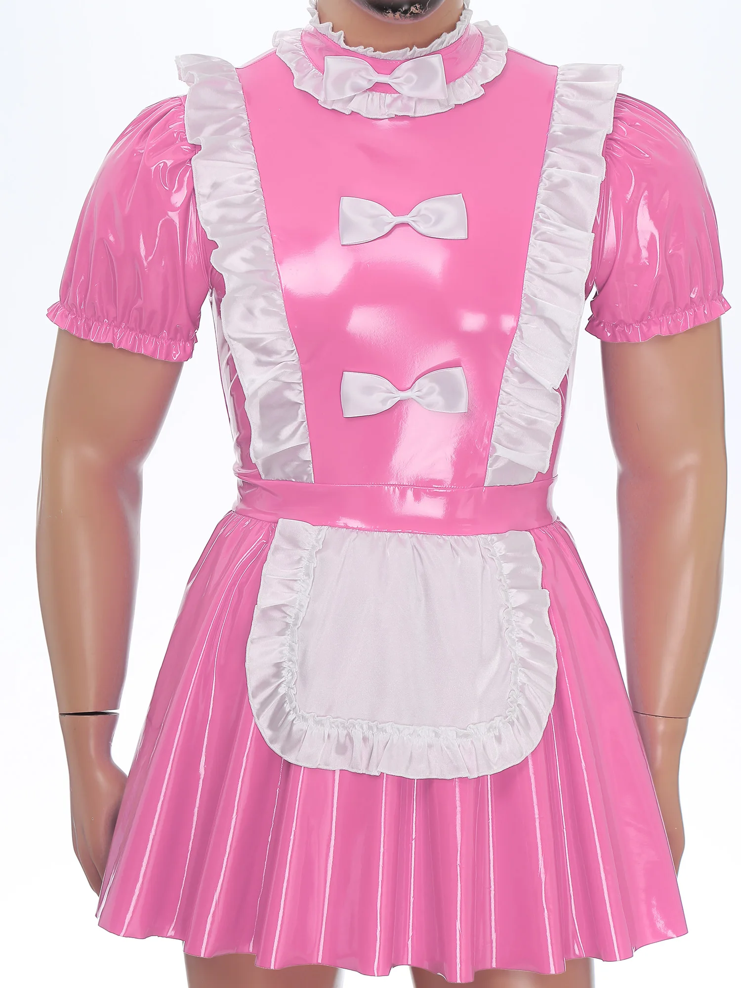 Mens Sissy Maid Costume Wet Look Shiny Leather Ruffle A-Line Mini Dress Transvestite Crossdresser Cosplay Maid Apron Fancy Dress