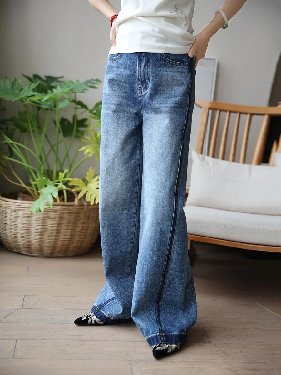 Jeans Femininos Soltos de Algodão Penteado Lavado da Moda, Costuras Suaves, Caimento Casual Solto, Cintura Natural, Zíper, Coleção Primavera