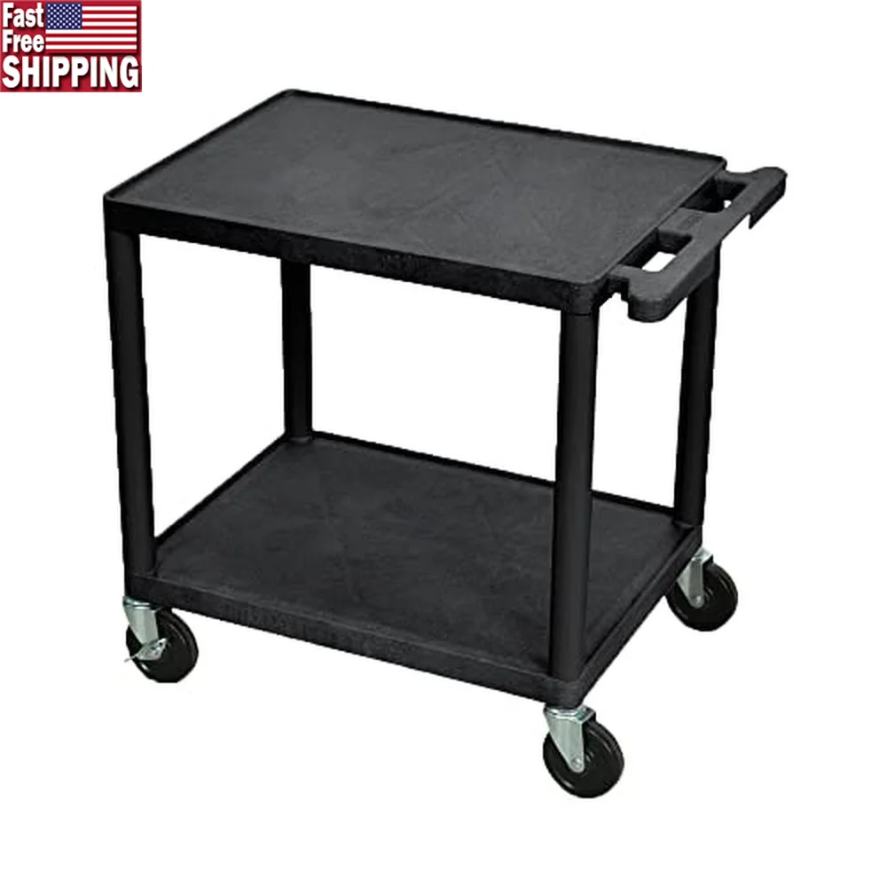 Durable Rolling AV Cart 2 Tier Utility Cart with Locking Casters Plastic Shelves Audio Video Equipment Multi Purpose Storage