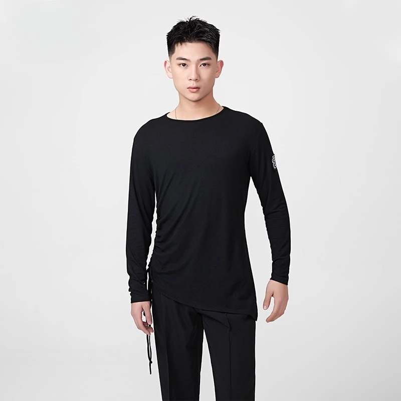 

Мужской костюм для латинских бальных танцев по индивидуальному заказу, футболка с круглым вырезом, профессиональный тренировочный наряд для соревнований, топ для выступлений