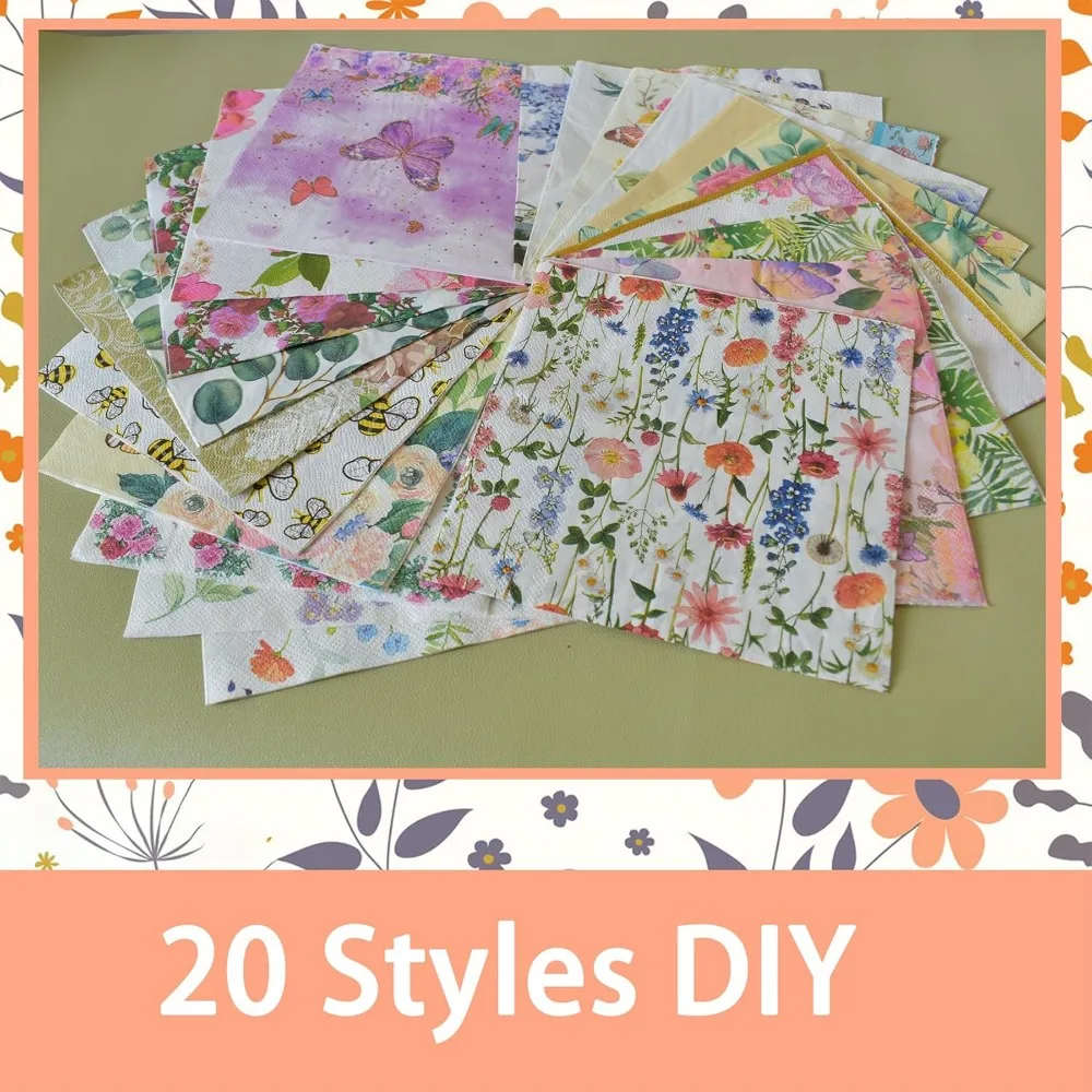 US Shipping Floral Napkins for Decoupage 20 Pack Assorted Styles Cocktail Decorative Paper for Birthday Party Craft image 2
