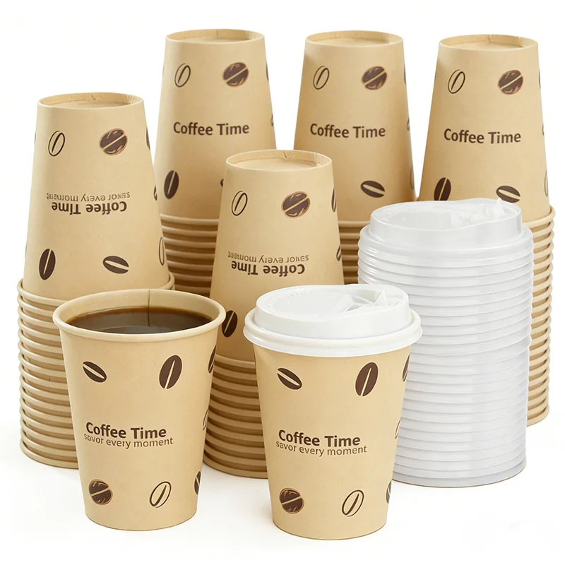 Paquete de 25/50 vasos de papel desechables para café con tapas de 12 oz, vasos de papel para llevar de pulpa de bambú para bebidas frías/calientes para oficina y hogar