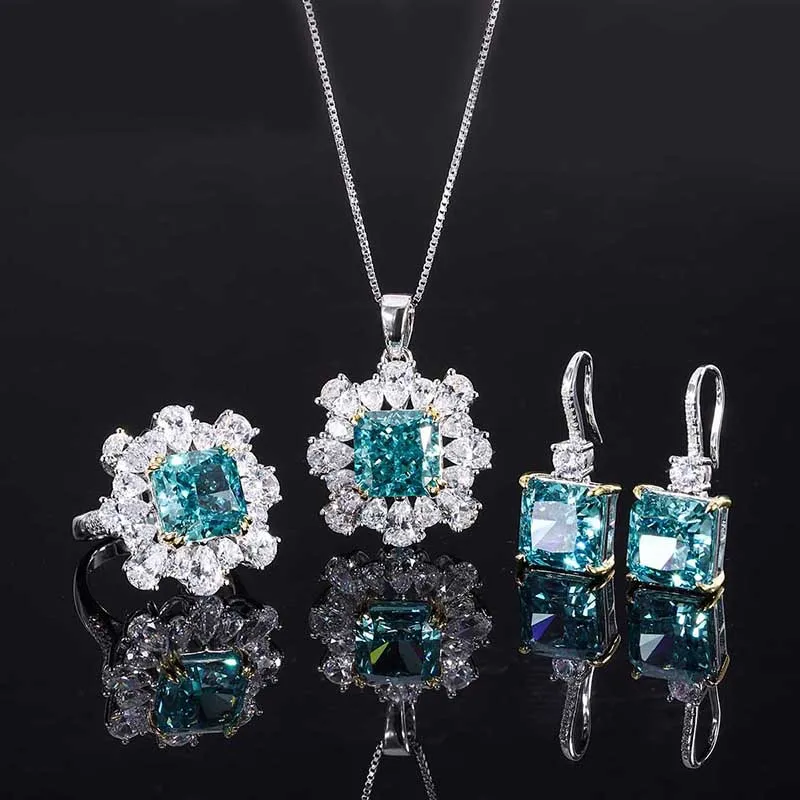 S925 Sterling Silver High Carbon Diamond Mint Green Pendant Ring Earring Necklace Set Women's Jewelry Bridesmaid Gift Luxurious