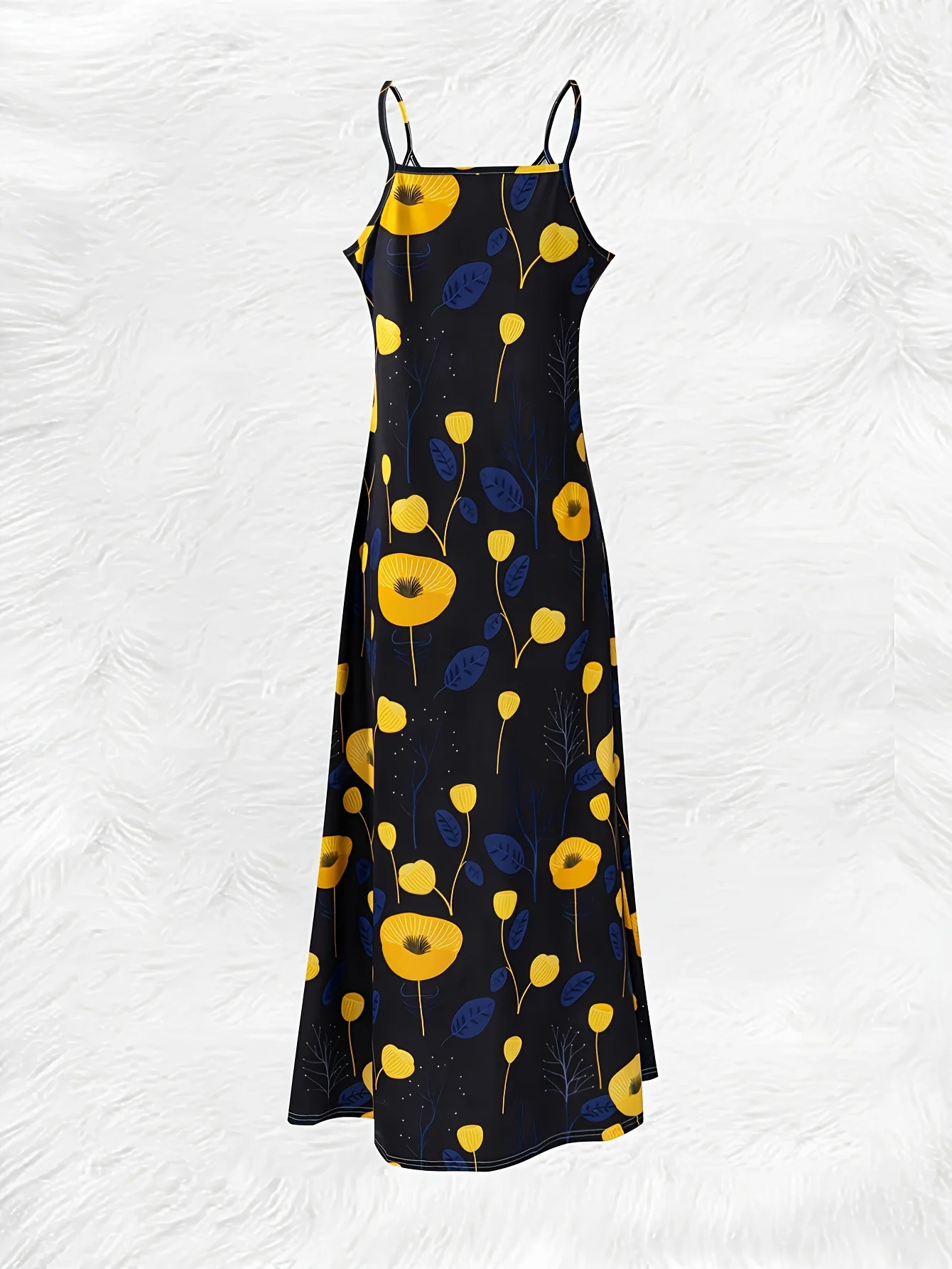 Printed Design Casual Style Yellow Flowers Blue Leaves Pattern Women's Dress