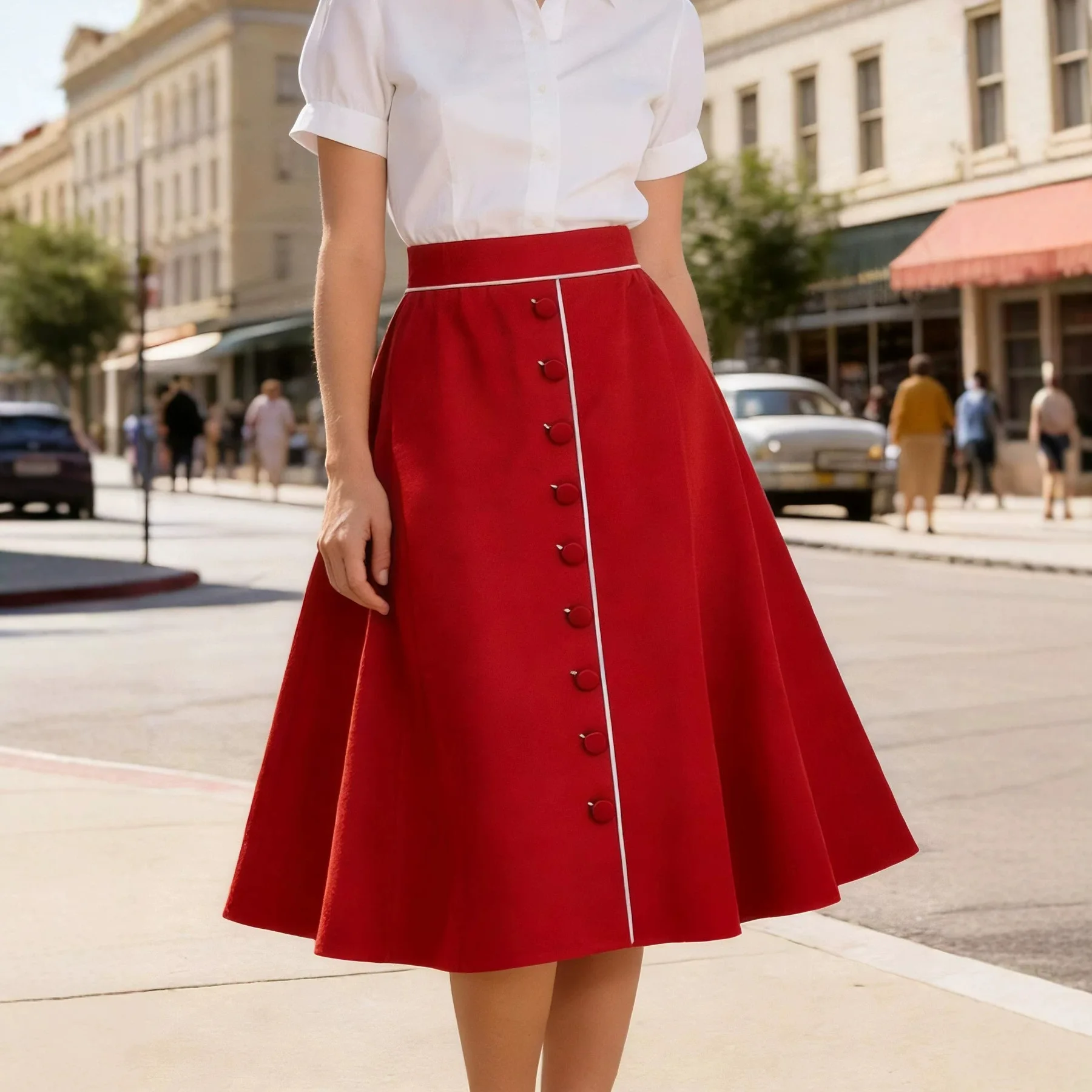 50s 60s Vintage Hepburn Solid Color Single Breasted Swing Skirts Women Elegant Retro High Waist Rockabilly A-Line Midi Skirt