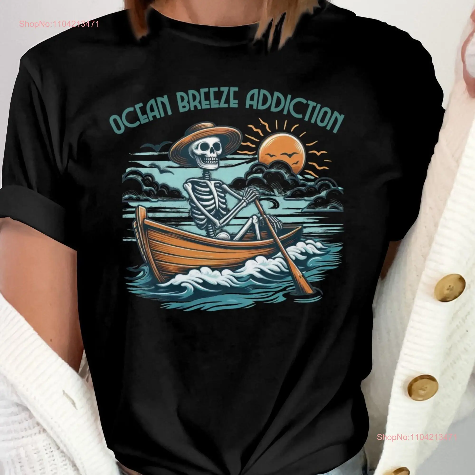 Ocean Breeze Addiction Skeleton Rowing Boat T Shirt Unique Vintage Inspired Design Beach Vibes Art Sweat