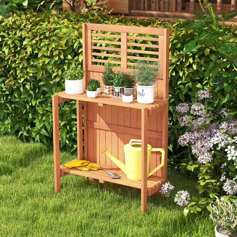 Wooden tool storage table Outdoor solid wood workbench Garden plant planting operation table