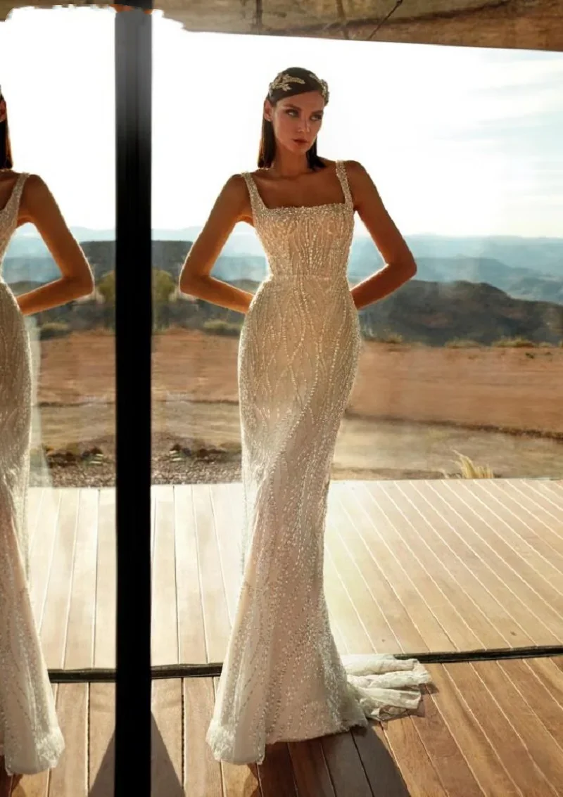 Personalizado brilho encantador vestidos de casamento sereia decote quadrado sem mangas longo aberto volta plus size vestidos de novias