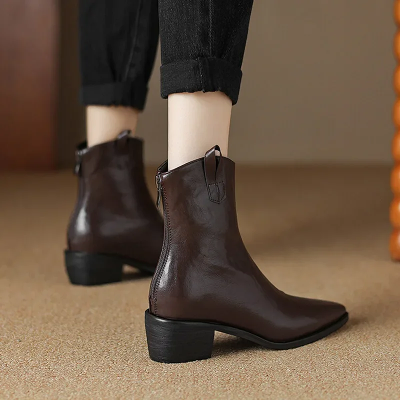 Phoentin Cowgirl Boot Back Zip Up Narrow Square Toe Lady Western Booties 2024 Solid Color Basic Shoes Women Chunky Heels FT3736