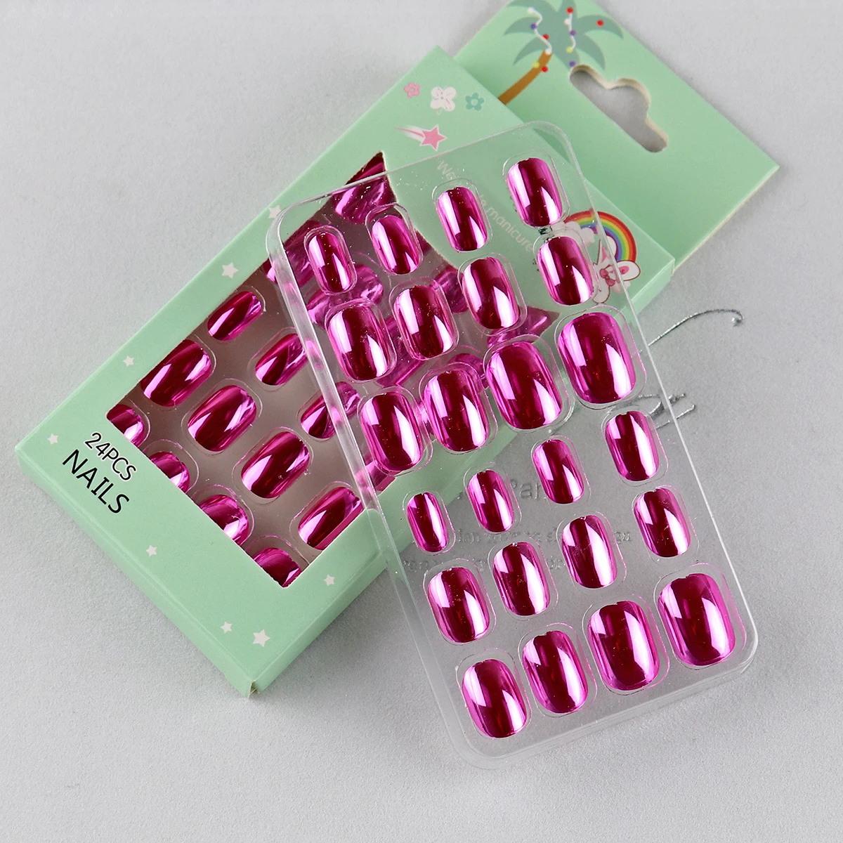 24 Pcs Mirror Chrome Kids Nails Press On Gradient False Nail Art Tips Pre-glue Short Full Cover Fake Nails for Little Girl Toys